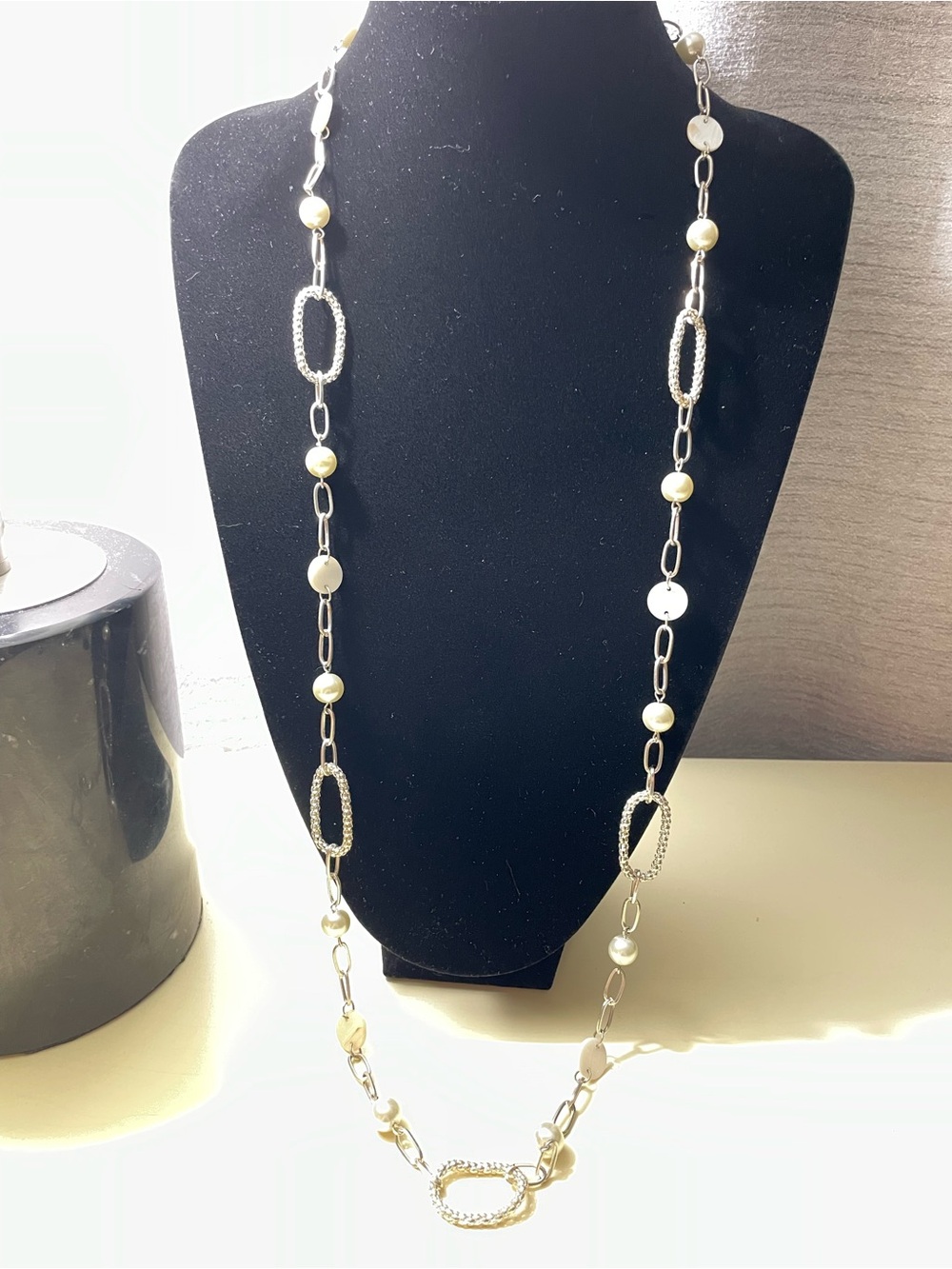 Pearl and Silver link and Cream Accent Long Necklace